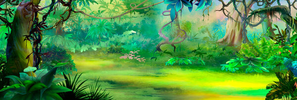 Tropical plants in the rainforest on a sunny day. Digital Painting Background, Illustration.