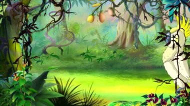 Güneşli bir günde yağmur ormanlarında yürüyen beyaz papağan papağanı. El yapımı 4K animasyon görüntüleri 