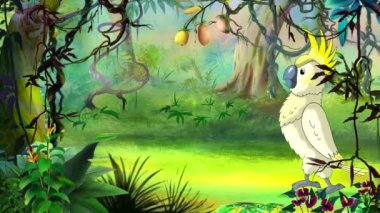 Güneşli bir günde yağmur ormanlarında yürüyen beyaz papağan papağanı. El yapımı 4K animasyon görüntüleri 