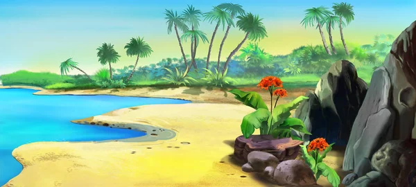 Piaszczyste Wybrzeże Wyspy Tropikach Słoneczny Dzień Cyfrowe Tło Malarstwa Ilustracja — Zdjęcie stockowe