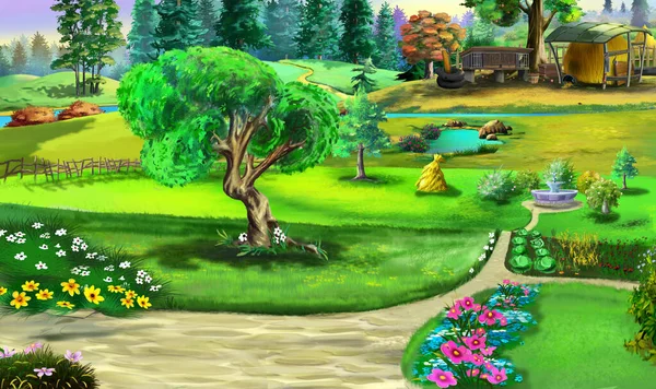Residential Landscape Design Backyard Country House Digital Painting Background Illustration — Stock Photo, Image