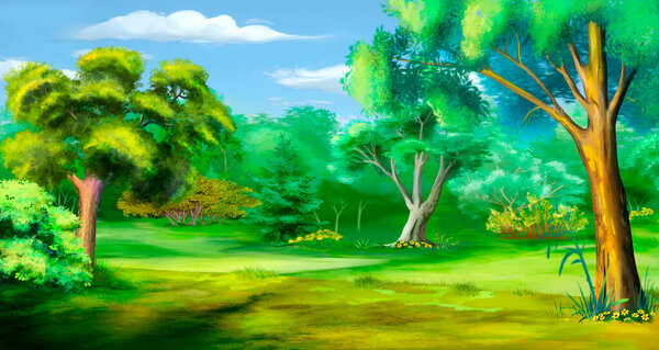 Trees on a forest clearing on a summer day. Digital Painting Background, Illustration.