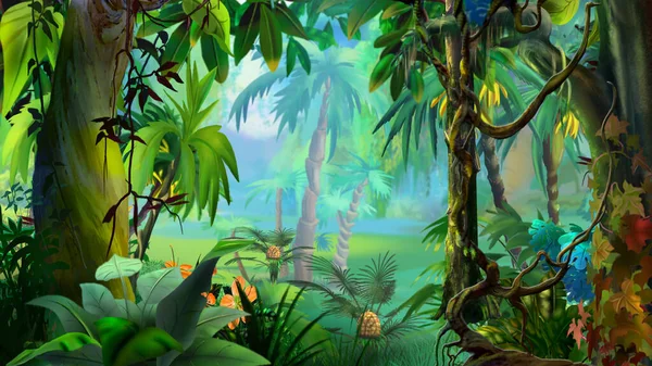 Kleurrijke Tropische Planten Het Regenwoud Digitale Schilderachtergrond Illustratie — Stockfoto