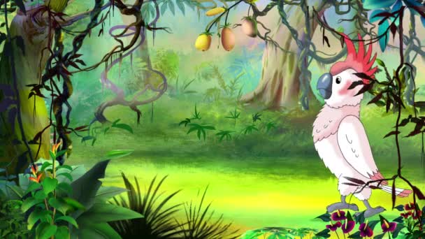 在阳光灿烂的日子里 粉红鹦鹉鹦鹉在热带雨林里散步 手工制作的动画Hd画面 — 图库视频影像