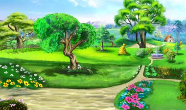 Bir kır evinin yeşil bahçesi. Dijital Boyama Arkaplanı, Resimler.