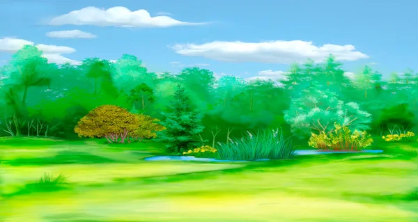 Trees Forest Glade Summer Day Digital Painting Background Illustration — Stock Photo, Image