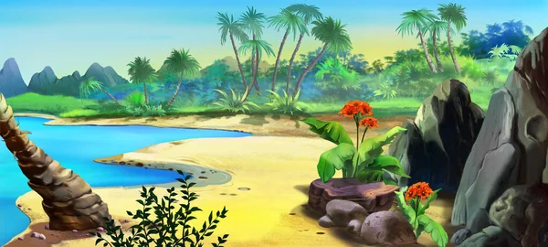 Sandy Coast Island Tropics Sunny Day Digital Painting Background Illustration — Stock Photo, Image