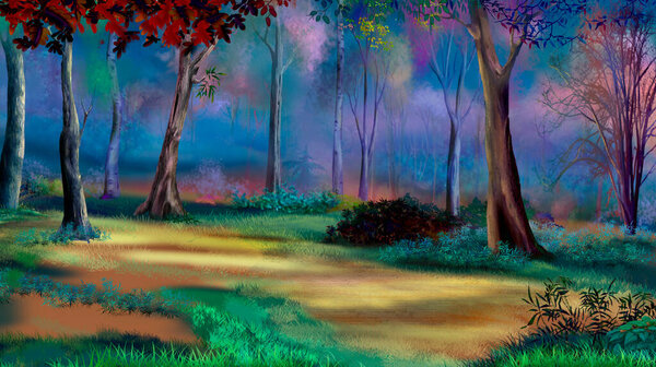 Forest glade in the autumn dark forest. Digital Painting Background, Illustration.