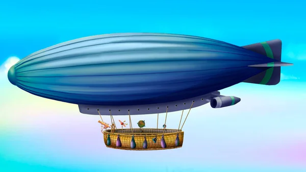 Big Cartoon Flying Blue Airship Digital Painting Background Illustration — Stock Photo, Image