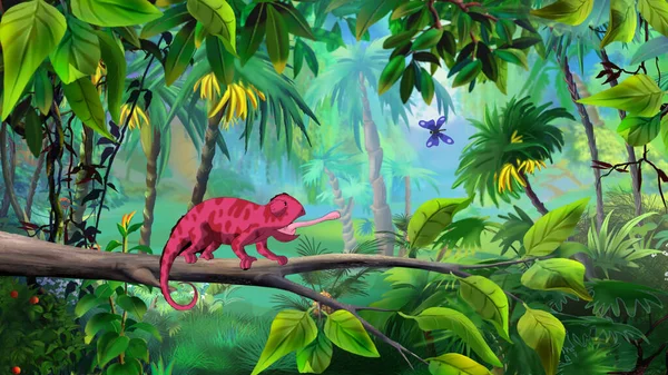 Czerwony Kameleon Lesie Deszczowym Cyfrowe Tło Malarstwa Ilustracja — Zdjęcie stockowe