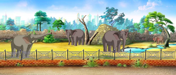 Grandes Elefantes Zoológico Día Soleado Fondo Pintura Digital Ilustración — Foto de Stock