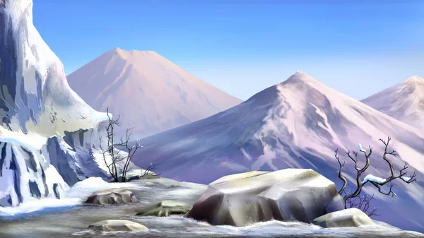 Άποψη Των Χιονισμένων Βουνών Μια Ηλιόλουστη Μέρα Ψηφιακή Ζωγραφική Ιστορικό — Φωτογραφία Αρχείου