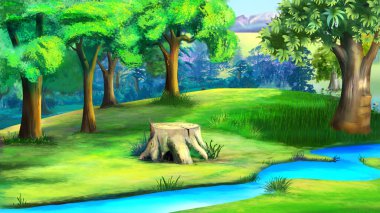 Orman deresinin kıyısındaki eski kütük. Dijital Boyama Arkaplanı, Resimler.