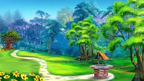 Well Yard Village Summer Day Digital Painting Background Illustration — Stock Photo, Image