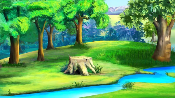 Orman deresinin kıyısındaki eski kütük. Dijital Boyama Arkaplanı, Resimler.