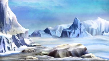 Güneşli bir kış gününde, karlı dağ zirvesinin manzarası. Dijital Boyama Arkaplanı, Resimler.