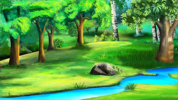 Skogsbäcken Solig Sommardag Digital Målning Bakgrund Illustration — Stockfoto
