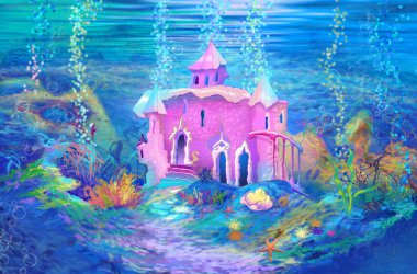 Sihirli denizin dibindeki peri masalı şatosu. Dijital Boyama Arkaplanı, Resimler.