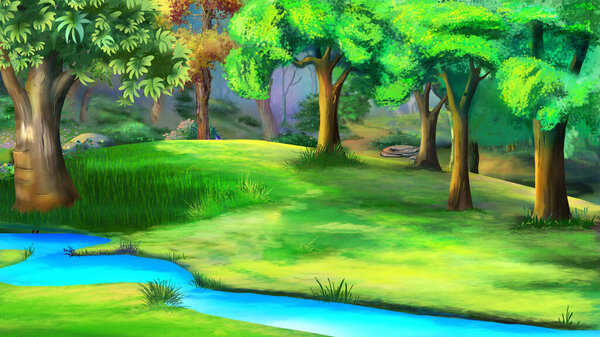 Forest stream on a sunny summer day. Digital Painting Background, Illustration.