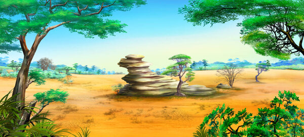 Lone rock in african landscape on a sunny day. Digital Painting Background, Illustration.