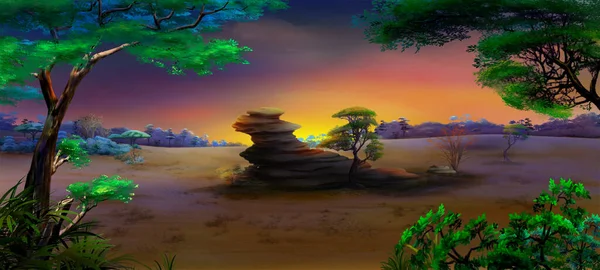 落日时 孤零零的岩石在非洲的风景中 数码绘画背景 — 图库照片