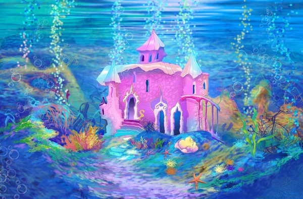 童话城堡在神奇海的底部 数码绘画背景 — 图库照片