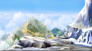 Güneşli bir kış gününde dağın zirvesinin manzarası. Dijital Boyama Arkaplanı, Resimler.