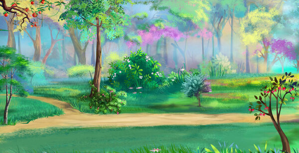 Pathway in a forest on a sunny summer day. Digital Painting Background, Illustration.