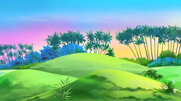 야자수로 둘러싸인 풍경의 언덕들 Digital Painting Background Illustration — 스톡 사진