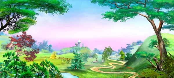 夏日阳光明媚的乡村风景 数码绘画背景 — 图库照片