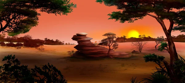 Roca Solitaria Paisaje Africano Atardecer Fondo Pintura Digital Ilustración — Foto de Stock