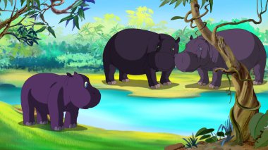 Küçük Hipokrat Su Aygırı, sudan korkan bir nehrin kenarında. Dijital resim karikatür biçimi tam renk çizimi.