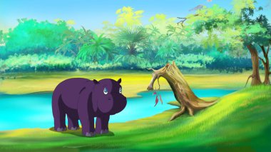 Küçük Hippo Nehri yakınında. Dijital resim karikatür tarzı tam renkli çizimi.