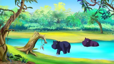 Küçük su aygırı River Afrika güneşli günde çıkar. Dijital resim karikatür tarzı tam renkli çizimi.
