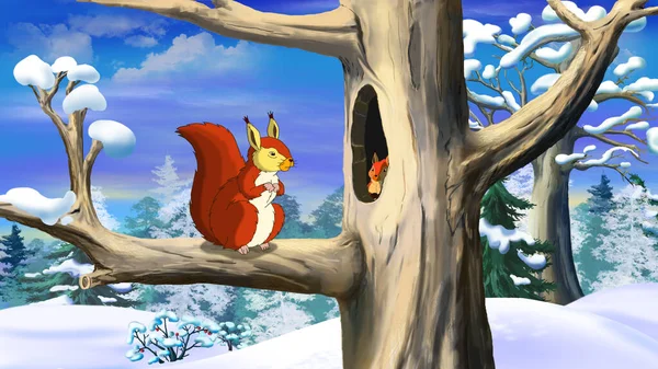 Κόκκινος Σκίουρος Κοντά Ένα Κούφιο Δέντρο Ένα Χειμερινό Δάσος Ψηφιακή — Φωτογραφία Αρχείου