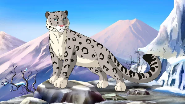 Snow Leopard Las Montañas Asiáticas Fondo Pintura Digital Ilustración — Foto de Stock