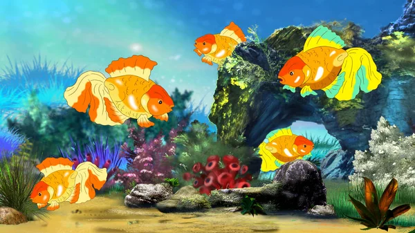 Peixe Dourado Num Aquário Pintura Digital Ilustração Cores — Fotografia de Stock
