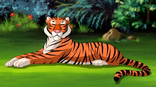 Bengal Tiger Lying Meadow Digital Painting Background Illustration — Stock Photo, Image