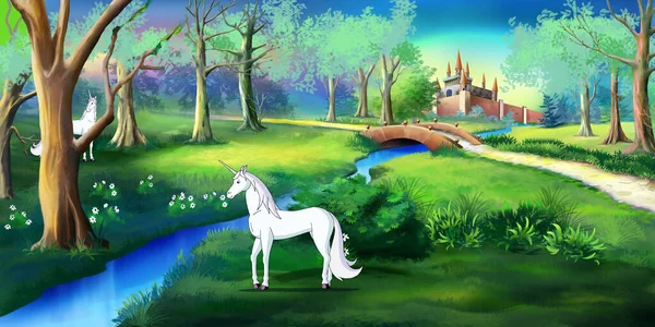 Unicorno Bianco Una Foresta Magica Vicino Castello Favola Pittura Digitale — Foto Stock