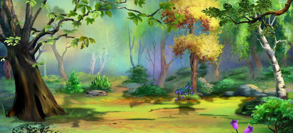 Trees in a forest clearing on a sunny day. Digital Painting Background, Illustration.