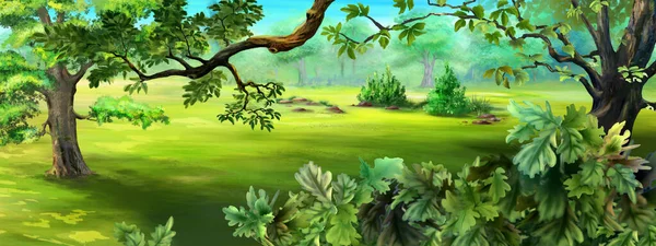 夏日阳光明媚 森林里的树木和灌木丛在清澈 数码绘画背景 — 图库照片