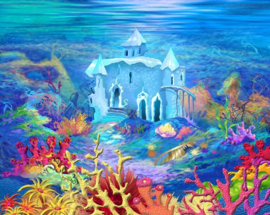 Sihirli denizin dibindeki peri masalı kalesi. Dijital Boyama Arkaplanı, Resimler.