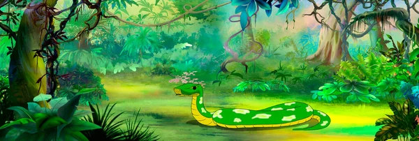Serpiente Boa Selva Tropical Fondo Pintura Digital Ilustración — Foto de Stock