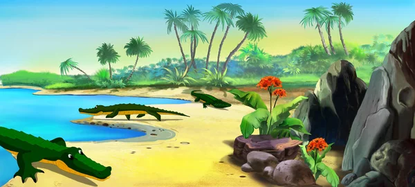 Krokodyle Piaszczystym Wybrzeżu Tropikalnej Wyspy Cyfrowe Tło Malarstwa Ilustracja — Zdjęcie stockowe