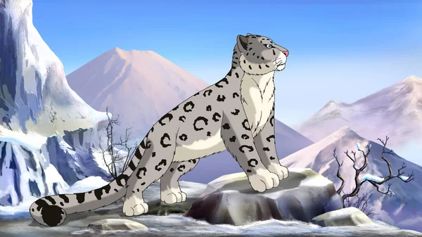 高山上的雪豹 数码绘画背景 — 图库照片