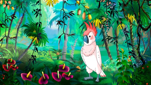 Loro Cacatúa Rosa Selva Tropical Fondo Pintura Digital Ilustración — Foto de Stock