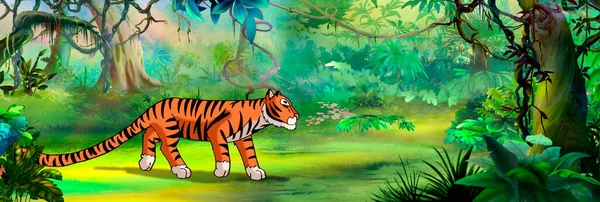 在热带雨林里的老虎数码绘画背景 — 图库照片