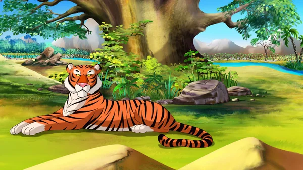 Der Große Tiger Liegt Unter Einem Baum Digitale Malerei Hintergrund — Stockfoto