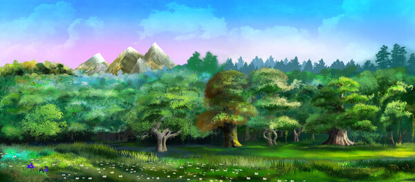 Trees in the forest on a sunny summer day. Digital Painting Background, Illustration.