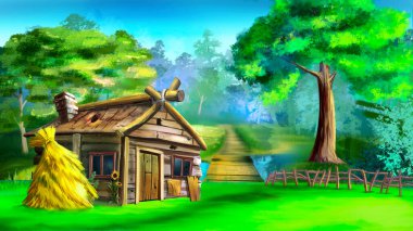 Bir köyde köhne ahşap bir ev. Dijital Boyama Arkaplanı, Resimler.